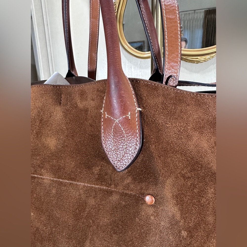 Polo Ralph Lauren Bellport Suede Leather Medium Tote Bag Brown Adjustable Strap - Picture 3 of 16